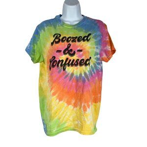 Colortone Women's Tie Dyed Boozed and Confused Crew Neck T-Shirt Size S